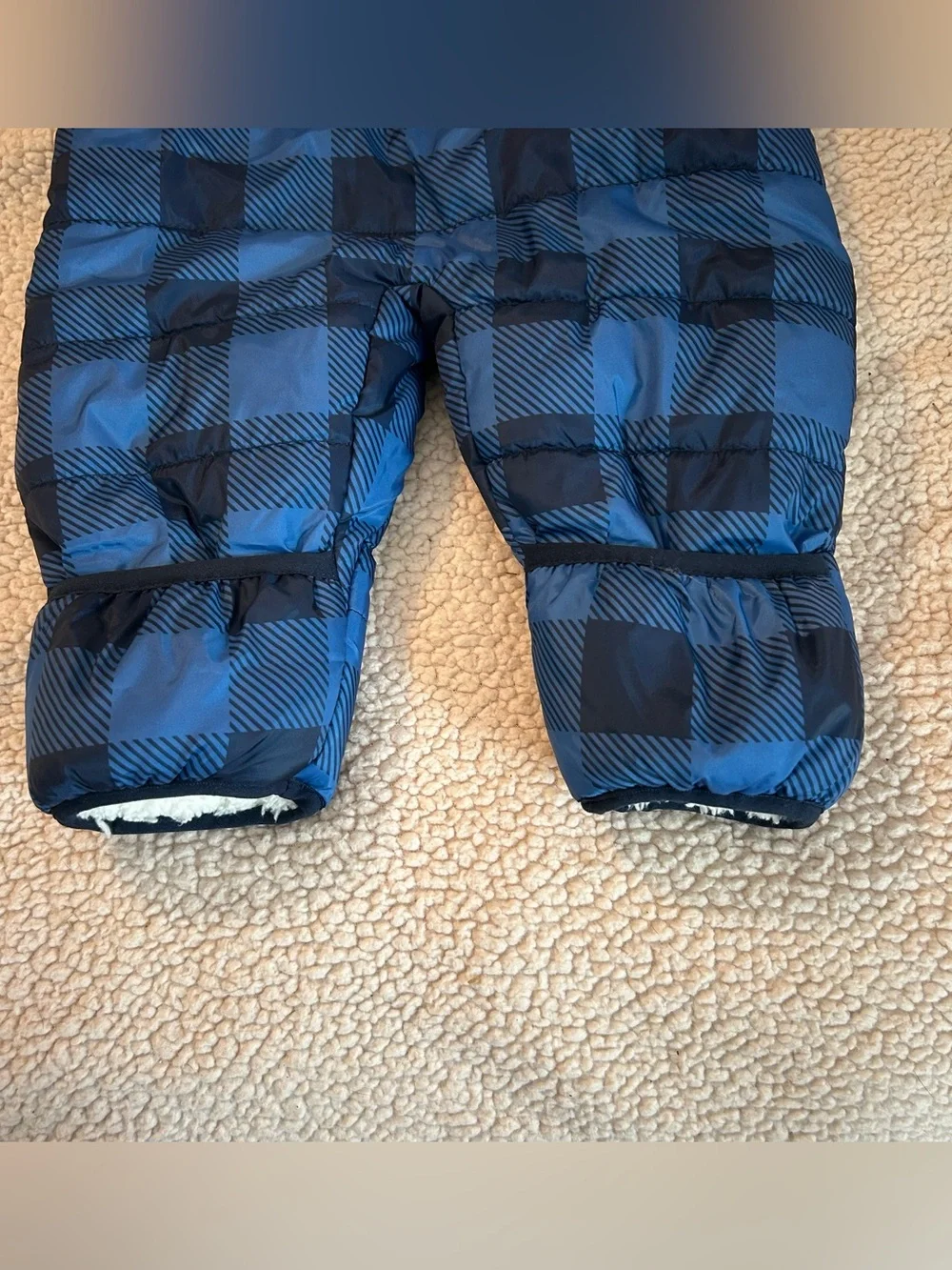Eddie Bauer baby snowsuit blue and black plaid fullzip with sherpalined hood 3/6
